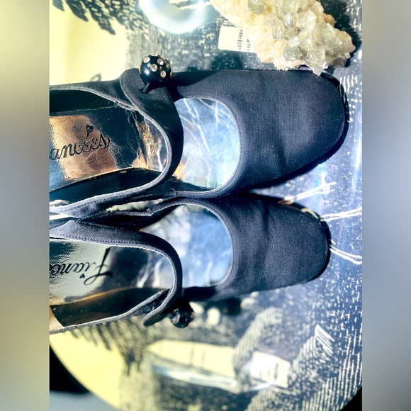 🖤 Vintage 🖤 Black Grosgrain Satin Cross Strap Mary Jane Heels Rhinestone 7 1/2 - Picture 8 of 10